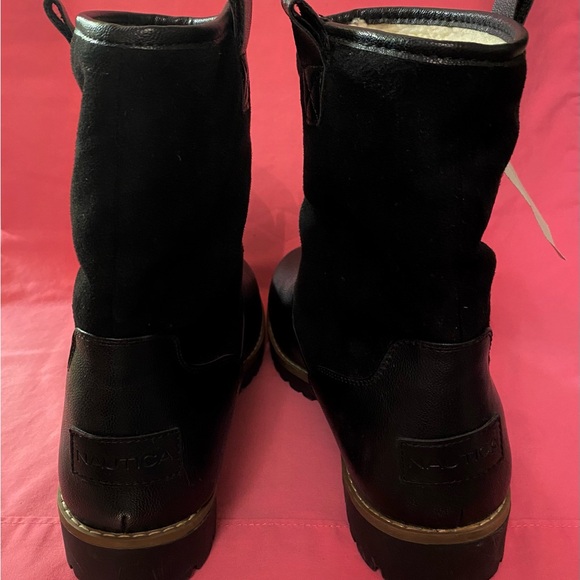 Nautica Boots Black Cream Faux Leather Suede Shearling Women 9.5 Men 8 Cozy Chic - Picture 7 of 13